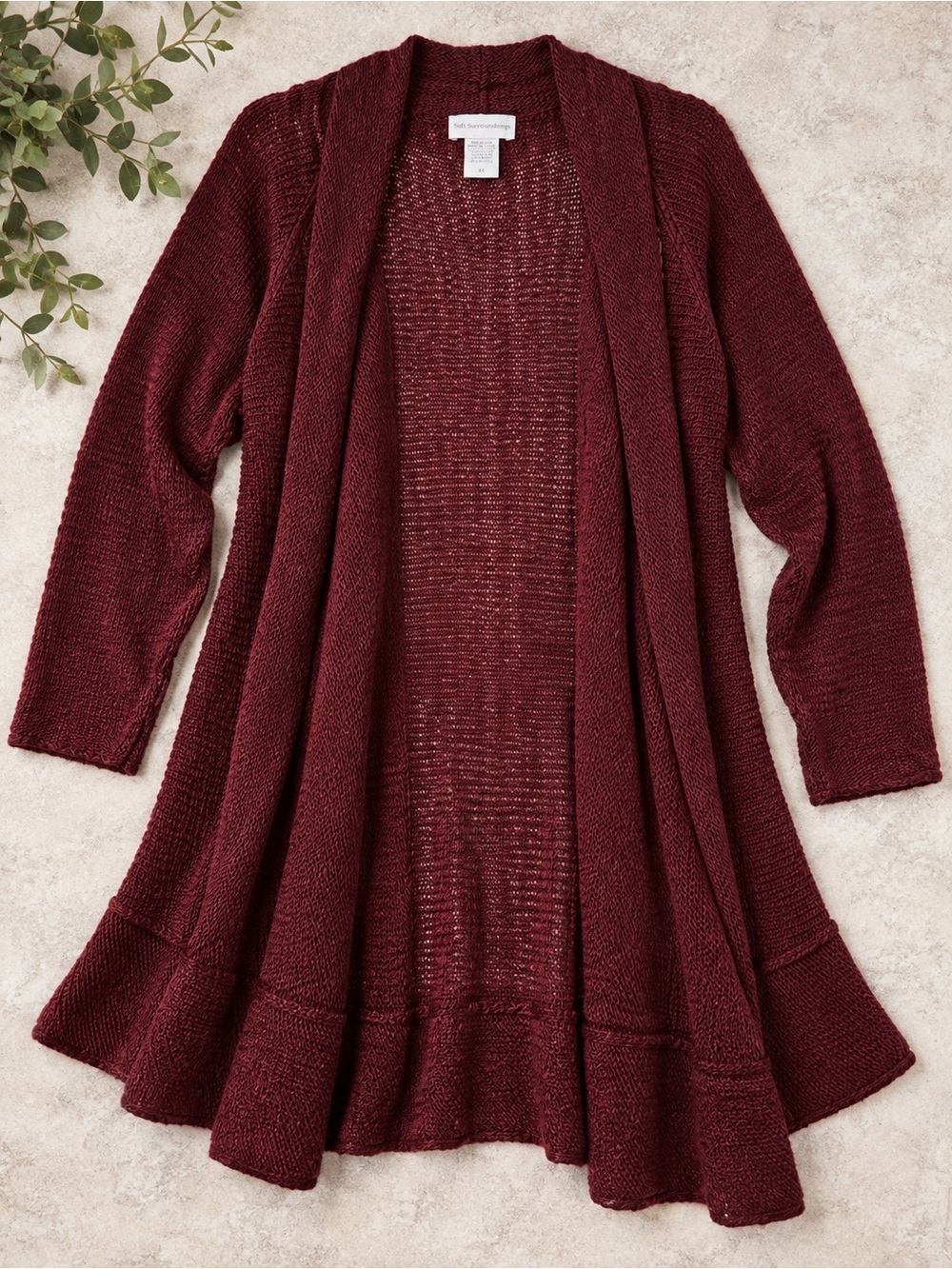Soft Surroundings Open Front Ruffle Hem Cardigan Burgundy 3X